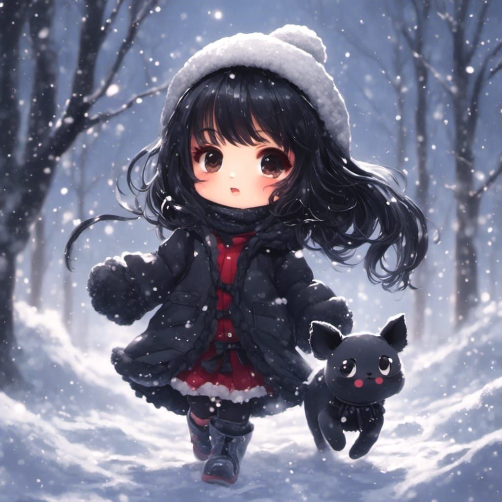 Chibi Girl Walks Dog in Snowy Anime Landscape