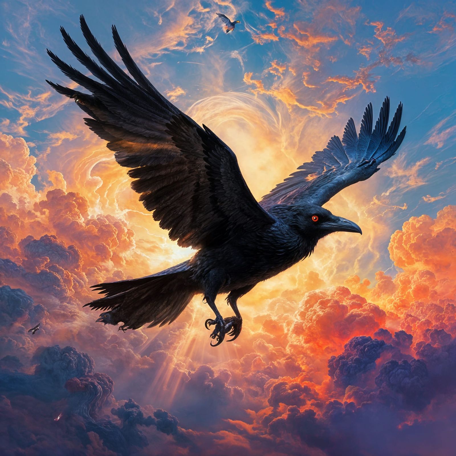 Demonic Raven Soars Through Vibrant Fantasy Sky