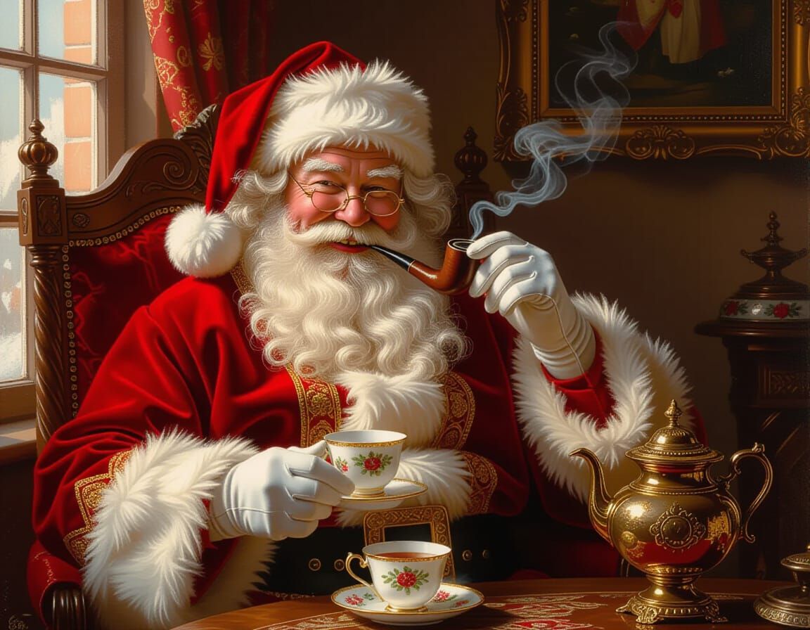 Santa Claus Enjoying Tea in Sunlight, Oil Painting Style