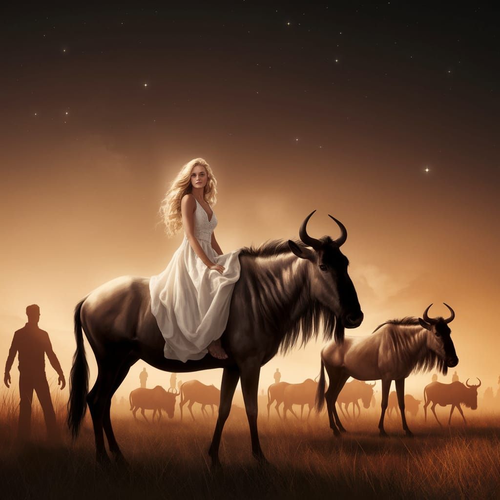 Blond Woman Rides Majestic Wildebeest Under Golden Twilight