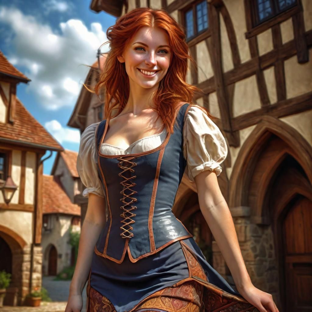 Auburn Woman in Medieval Village, Fantasy Portrait