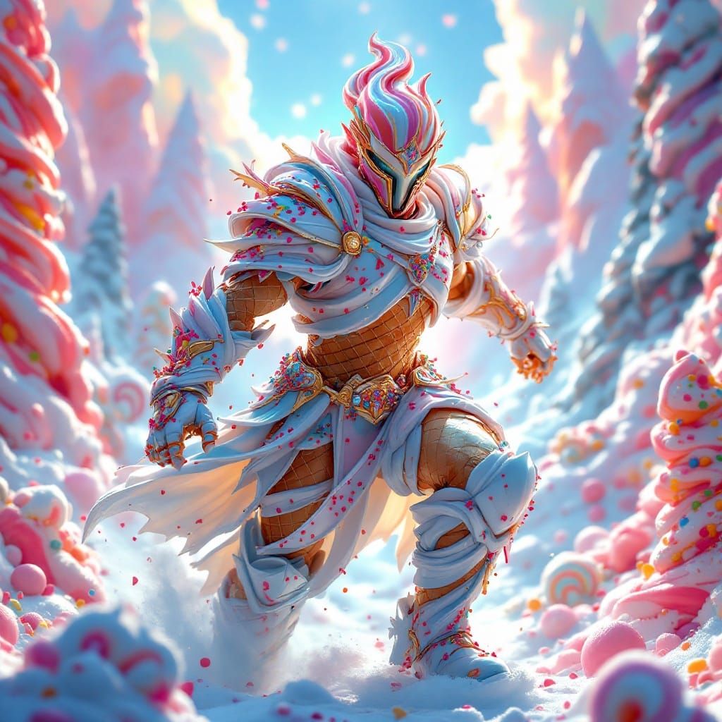 Neapolitan Ice Cream Warrior in Vibrant, Hyper-Saturated Arm...