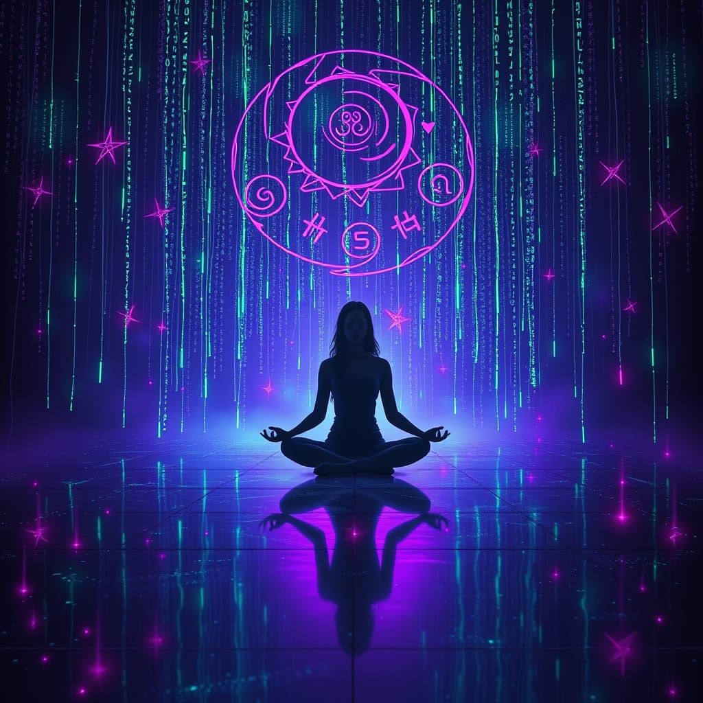Meditating Woman in Glowing Cyberpunk Realm