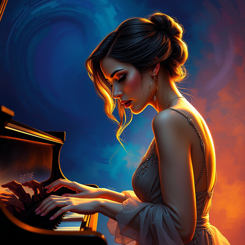 Beautiful Woman Plays Piano in Hyperrealistic Digital Art