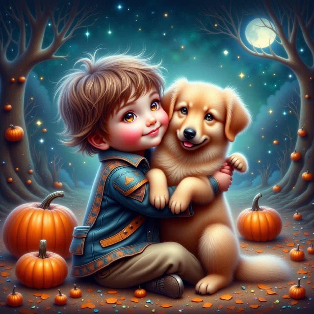 Magical Halloween Night: Boy and Golden Retriever