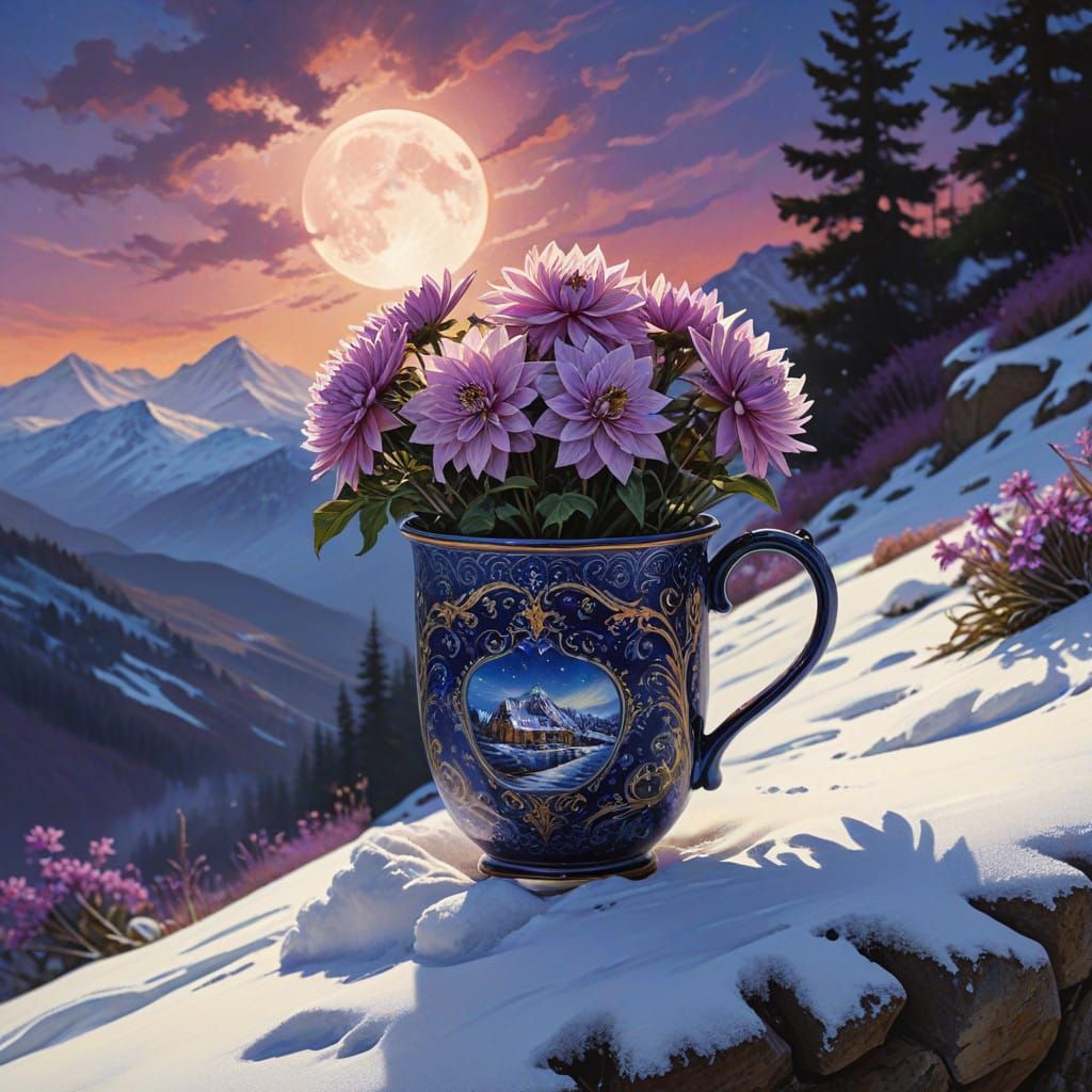 Ethereal Winter Landscape with Amethyst Dahlias and Mystical...