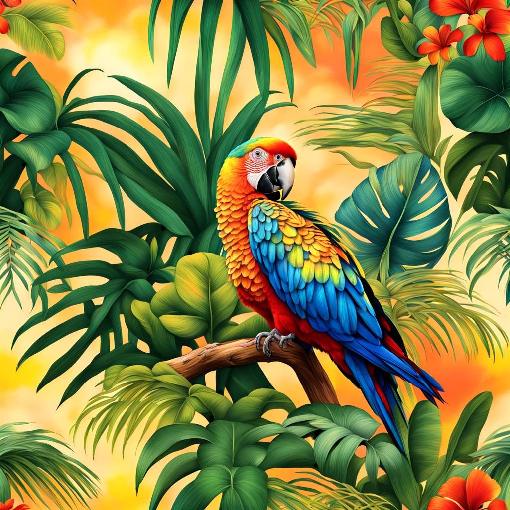 Holographic Golden Hour Parrot Jungle Scene