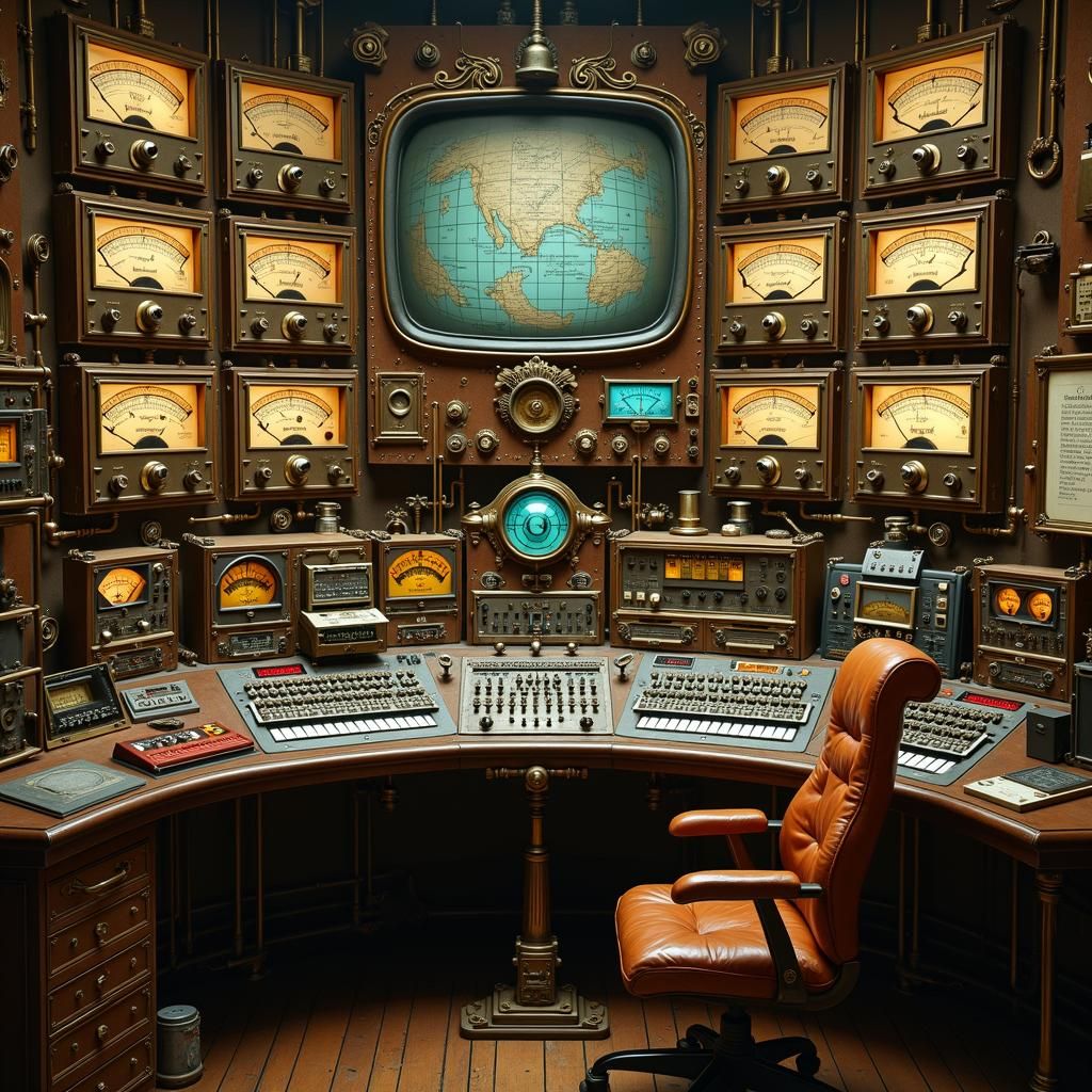 Steampunk Broadcast Center with Blinking Lights and Gauges