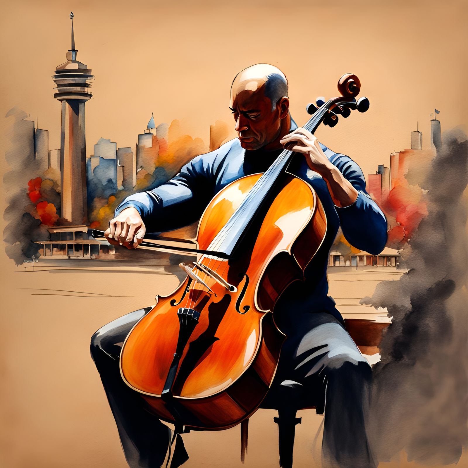 Bodybuilder Cello Performance: Watercolor and Charcoal
