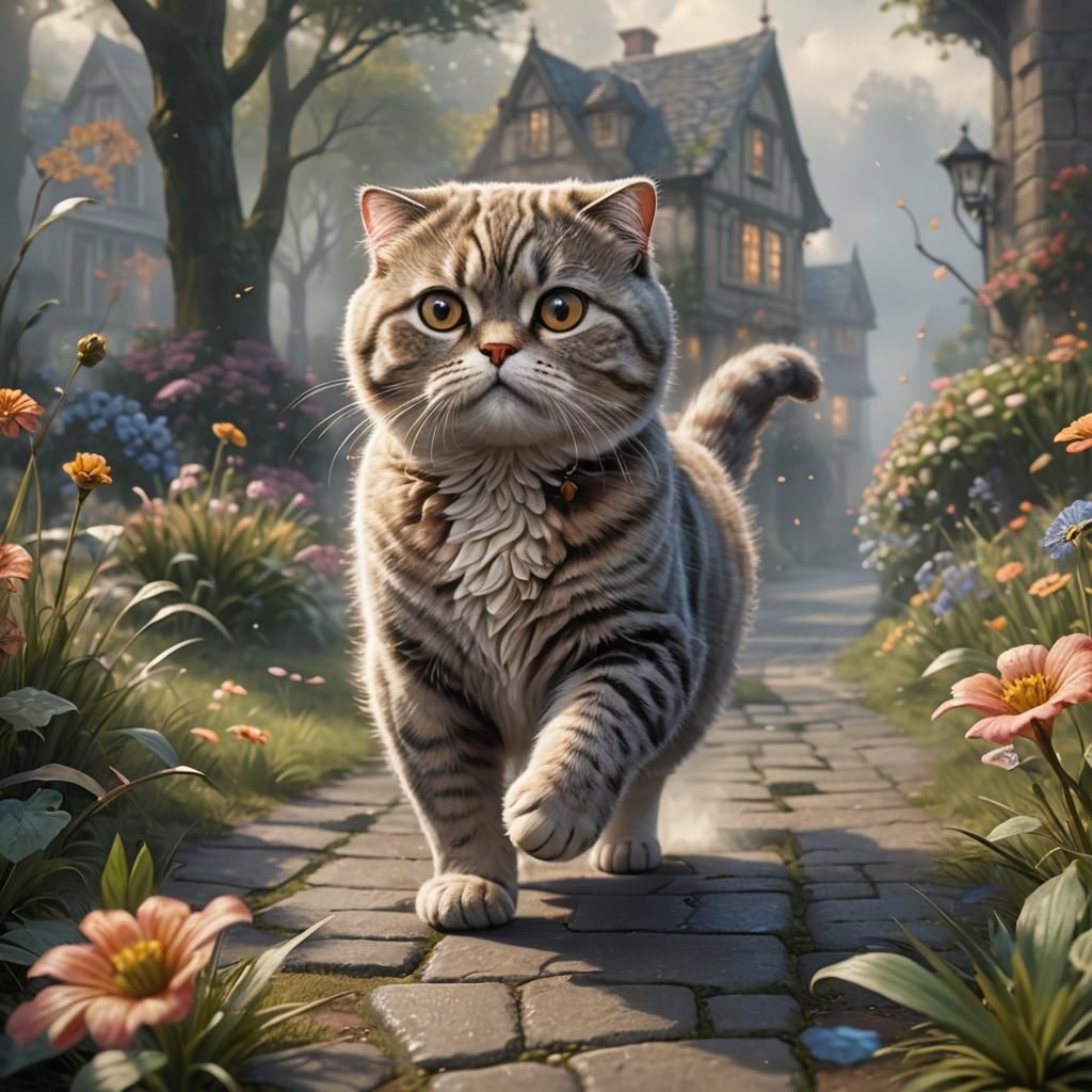 Scottish Fold Cat Pursues Mouse: Fantasy Concept Art