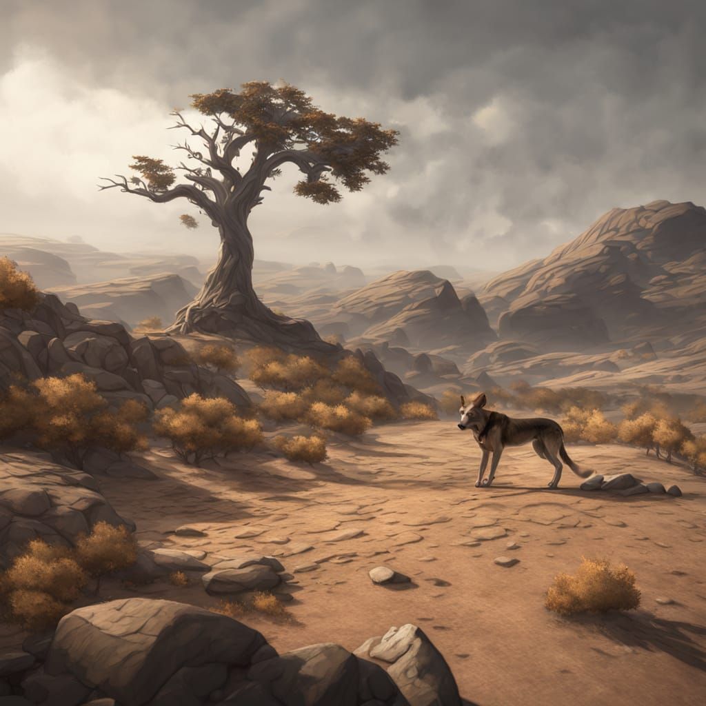 Wild Dog Surveys Arid Desert Landscape in Fantasy Concept Ar...