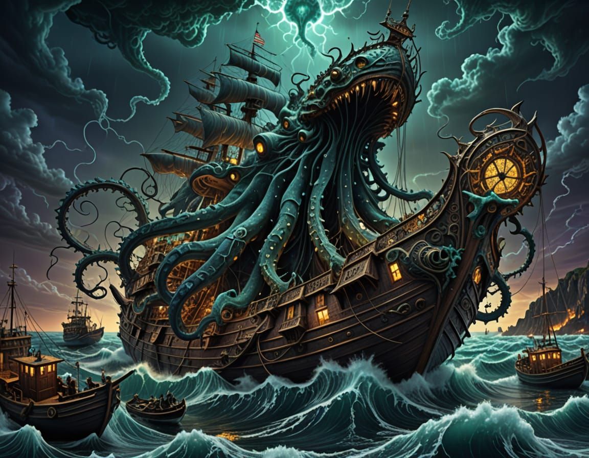 Fractal Kraken Protecting Fishing Boats, Digital Art