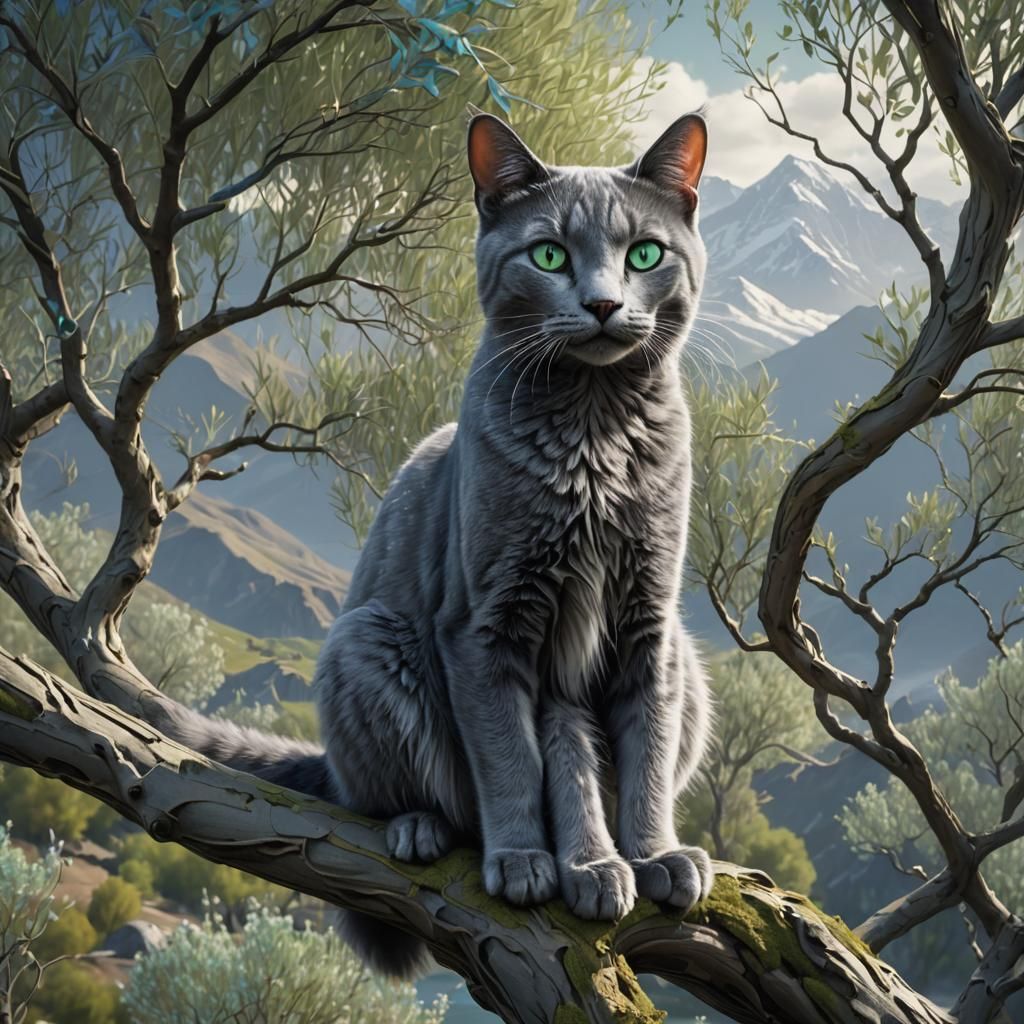 Russian Blue Cat in Willow Tree: Fantasy Concept Art