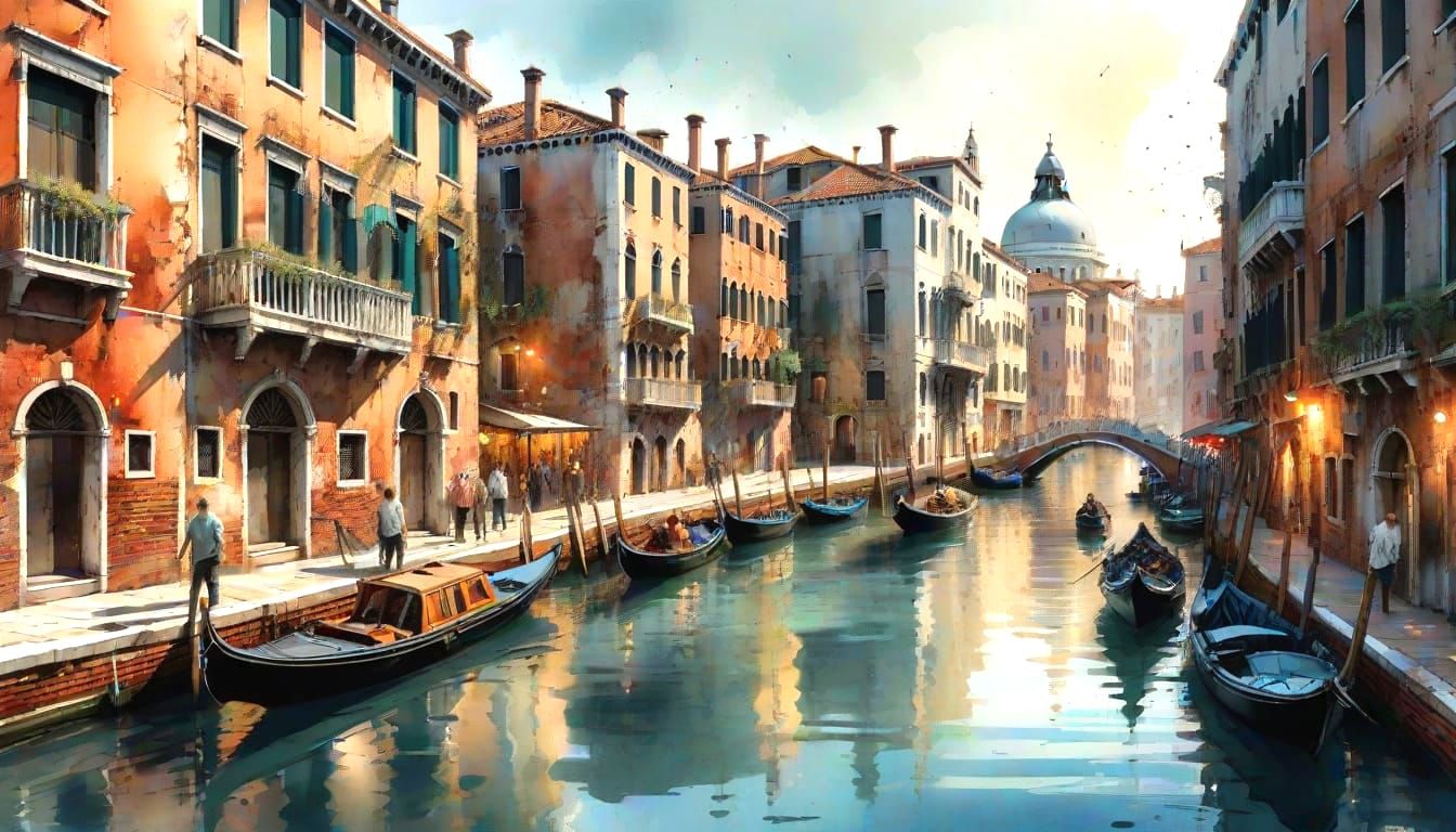 Venice Canal Scene in Watercolor Style