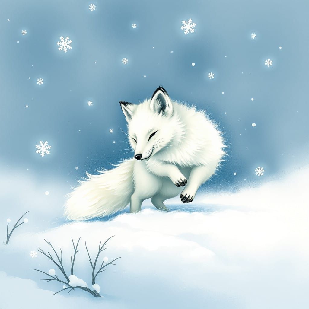 Whimsical Arctic Fox Frolics in Frosty Winter Wonderland