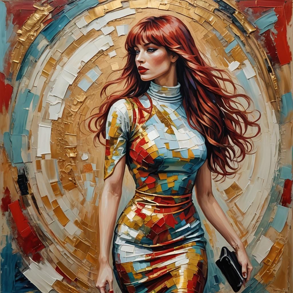 Red hair fashionable woman in colorful bodycon dress