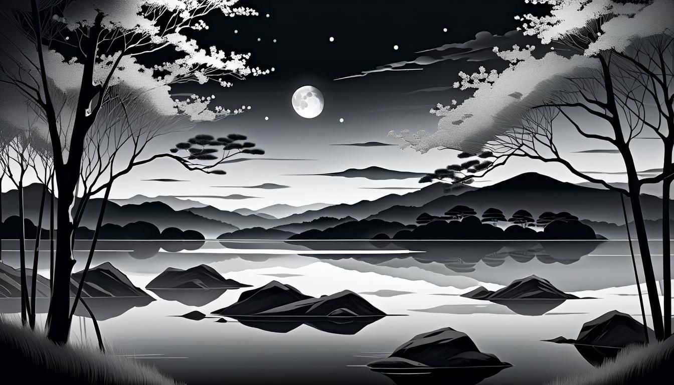 Serene Moonlit Lake in Sesshū Style Line Art