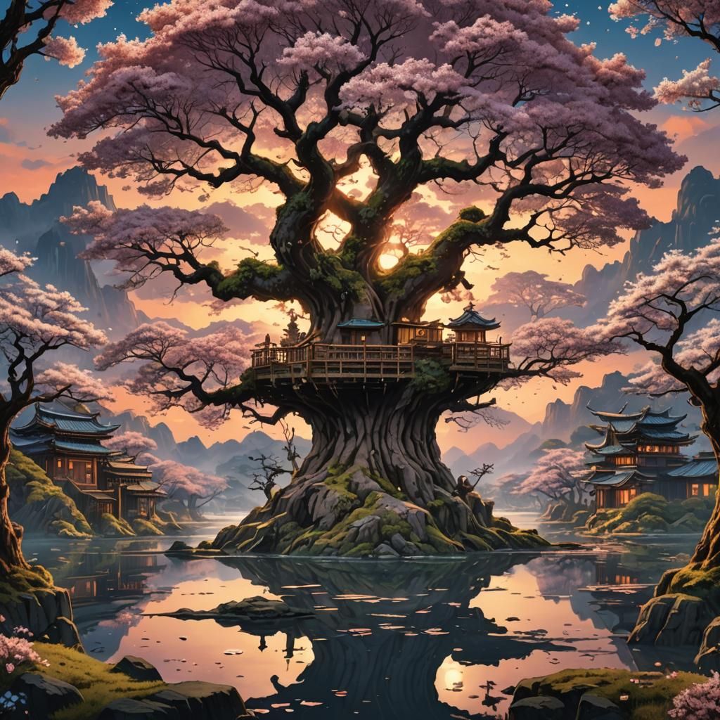 Ancient Sakura Tree on Floating Island