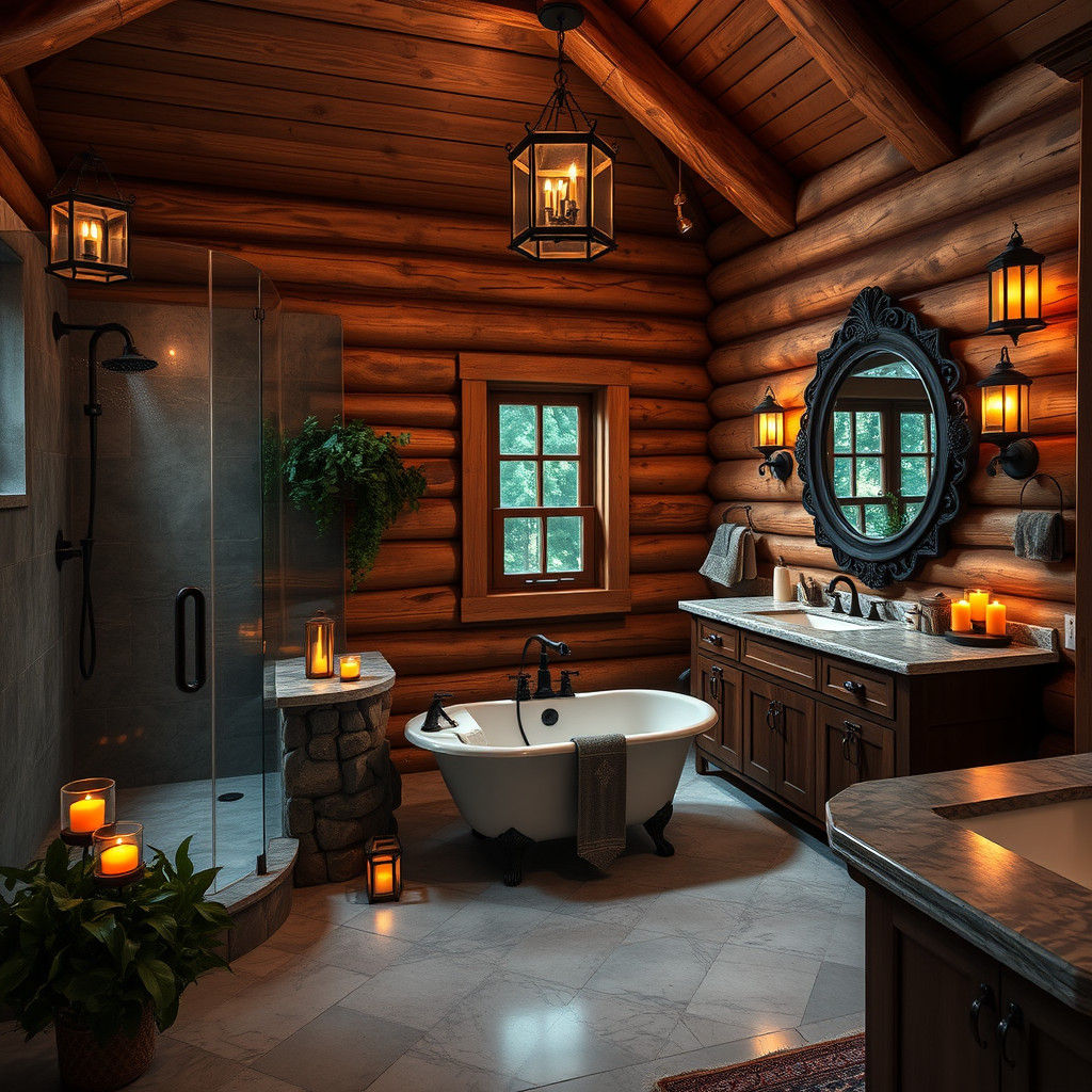 Rustic Log Cabin Bathroom with Stone Shower