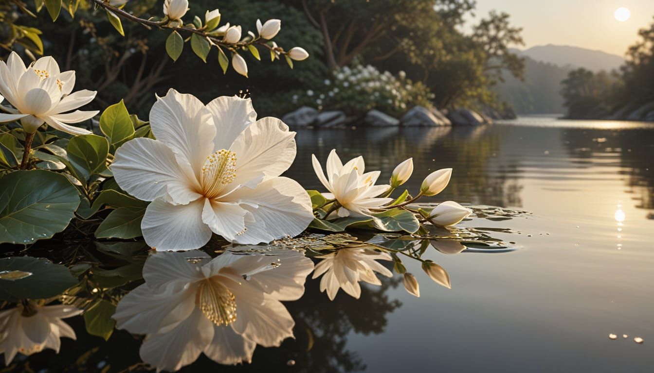 Luminous Moon Over Snow Island with Golden Magnolia