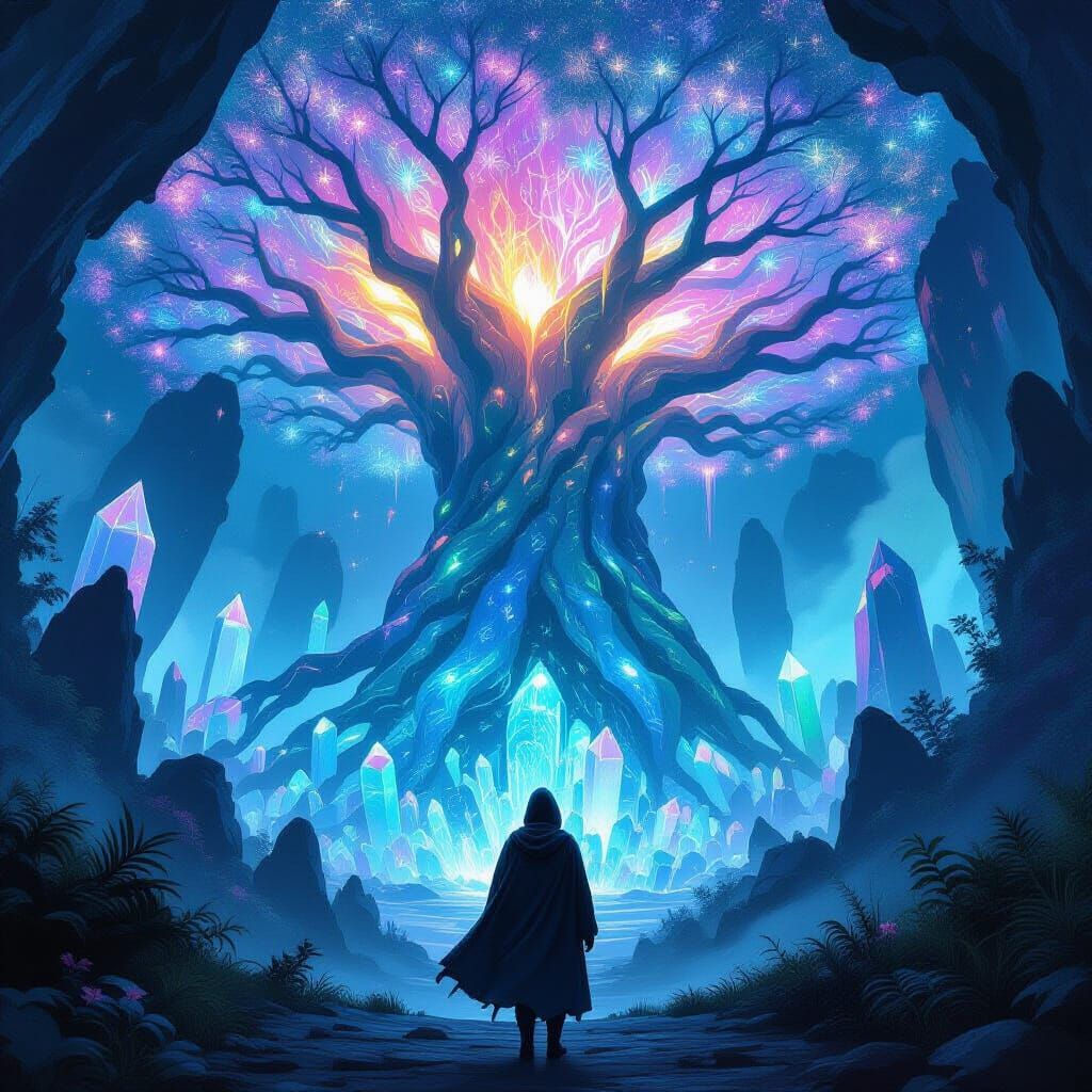 Bioluminescent Tree in Alien Forest: A Surreal Scene