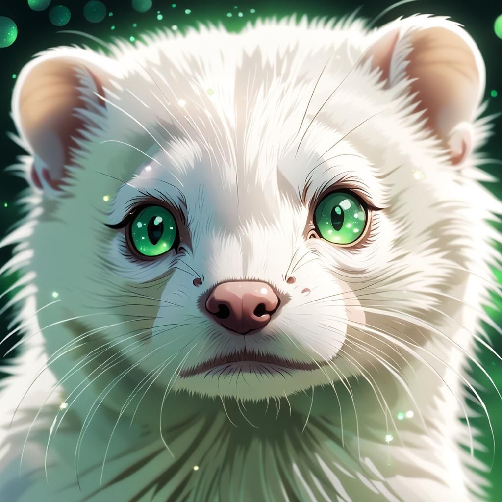 Anime Portrait of White Ferret with Green Eyes