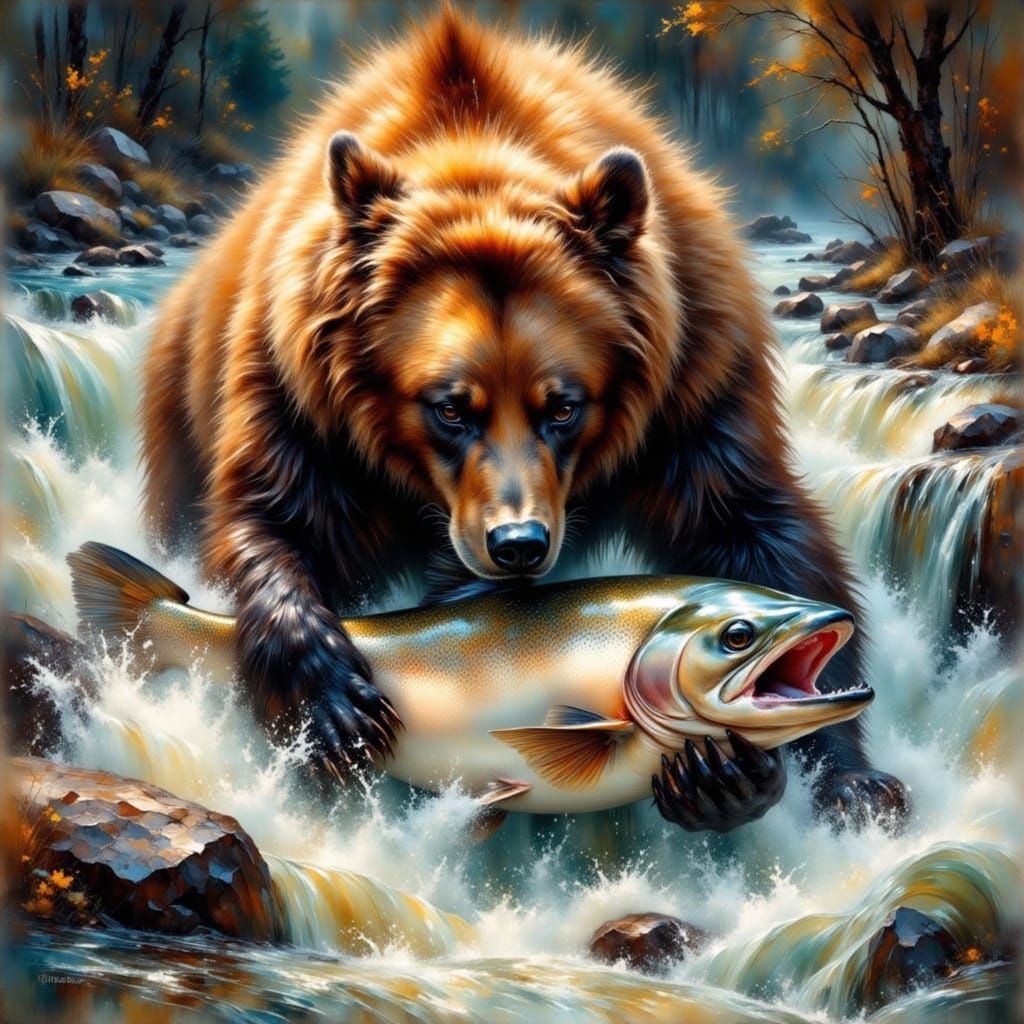 Brown Bear Snatching Salmon in Impressionist Style