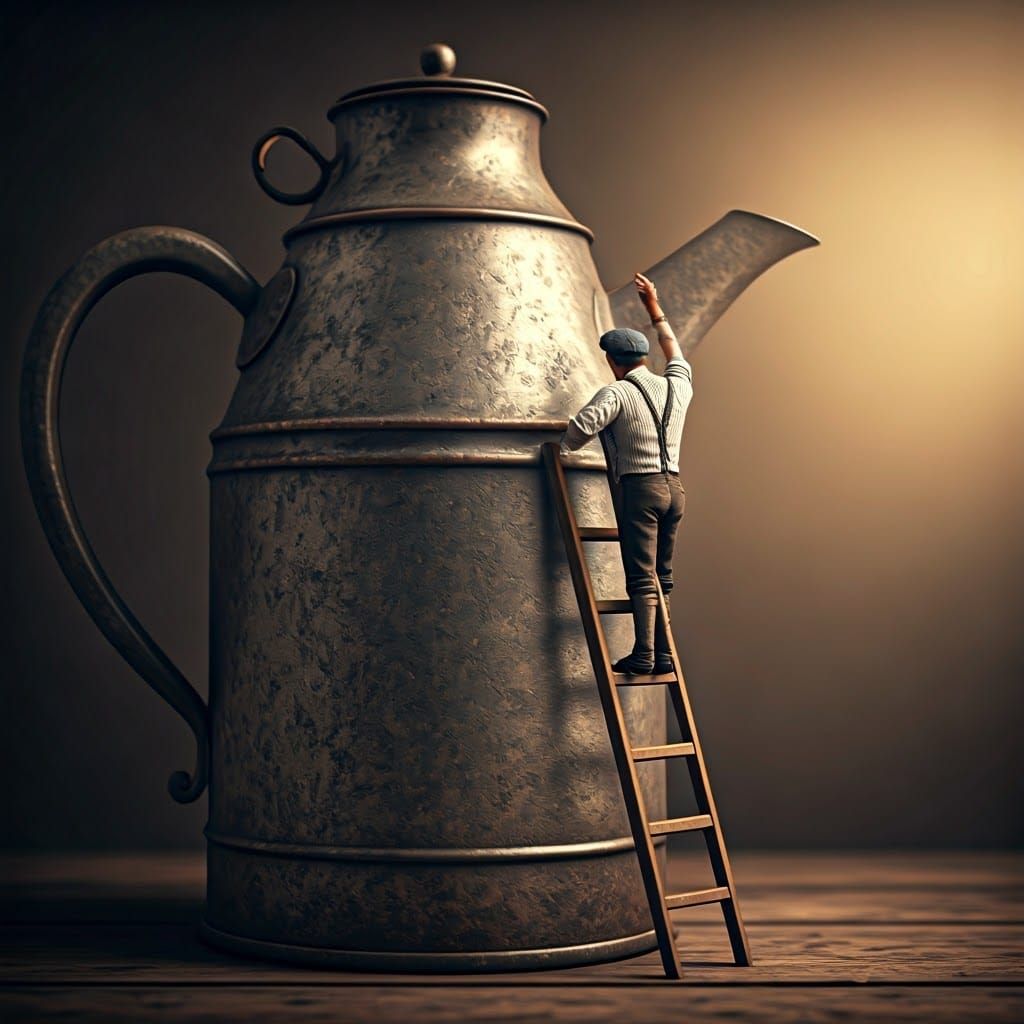 Miniature Man Reaching Antique Jug in Golden Light