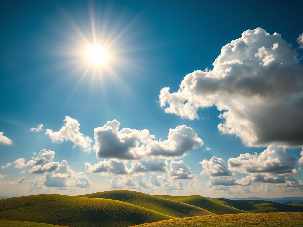 Golden Hour Sunlit Hills Under Blue Sky