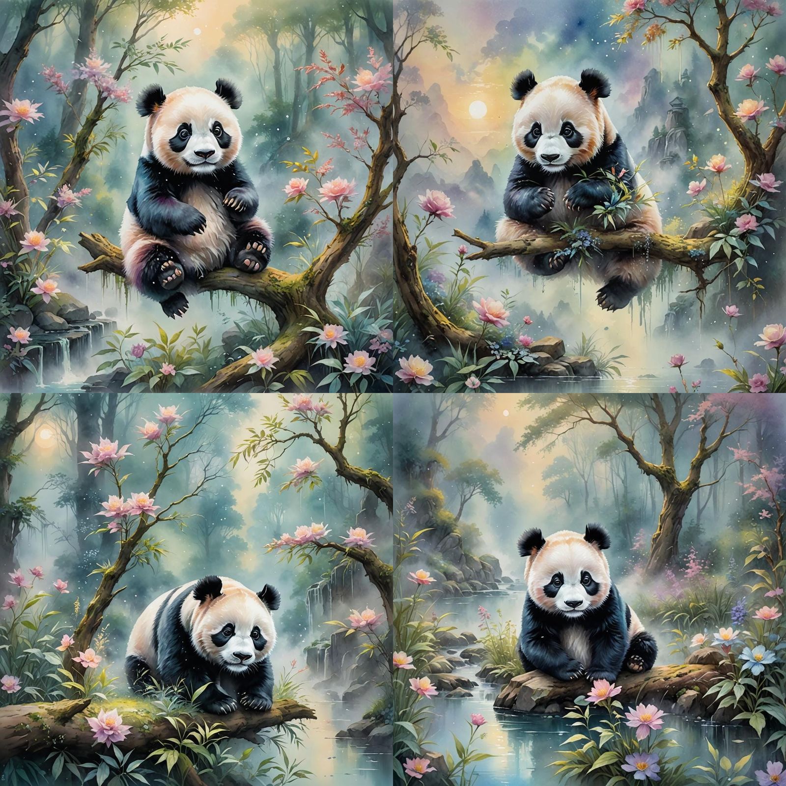 Pastel Panda Watercolor Painting in Ethereal Style