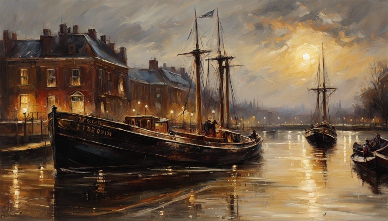Atmospheric 1800s Thames River Fish Boat Landscape