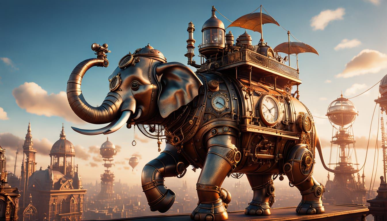 Steampunk Elephant in Metropolis: Jules Verne & Miyazaki Sty...