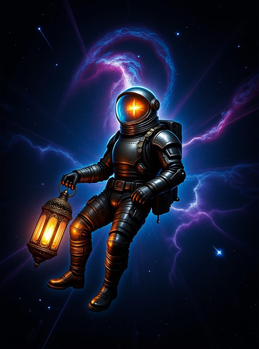 Astronaut Holds Ethereal Lantern in Cosmic Nebula