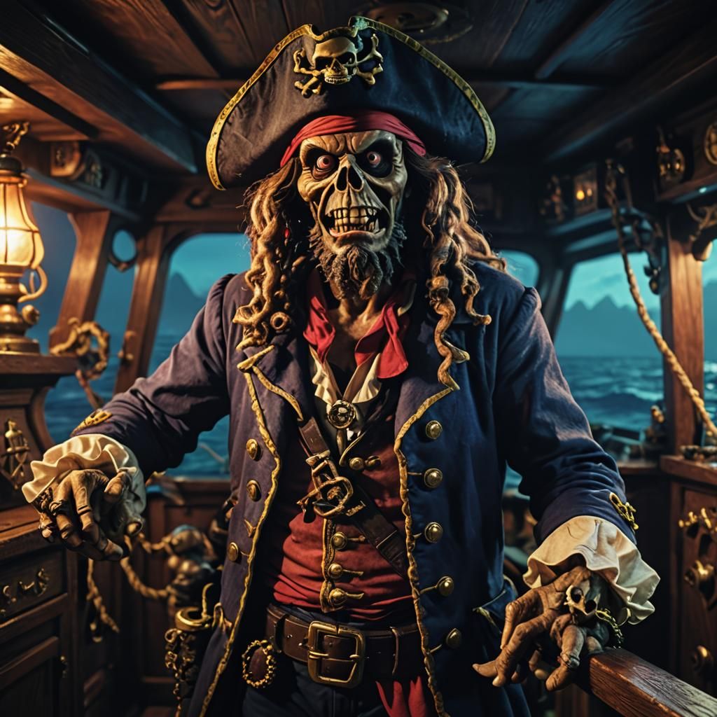 LeChuck the ghost pirate from Monkey Island on his ship as a real life character