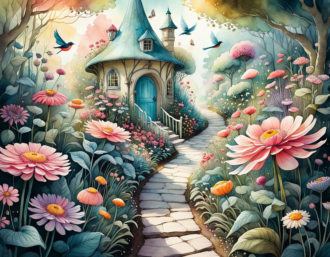 Enchanting Fairy Garden Illustration with Watercolor Texture...