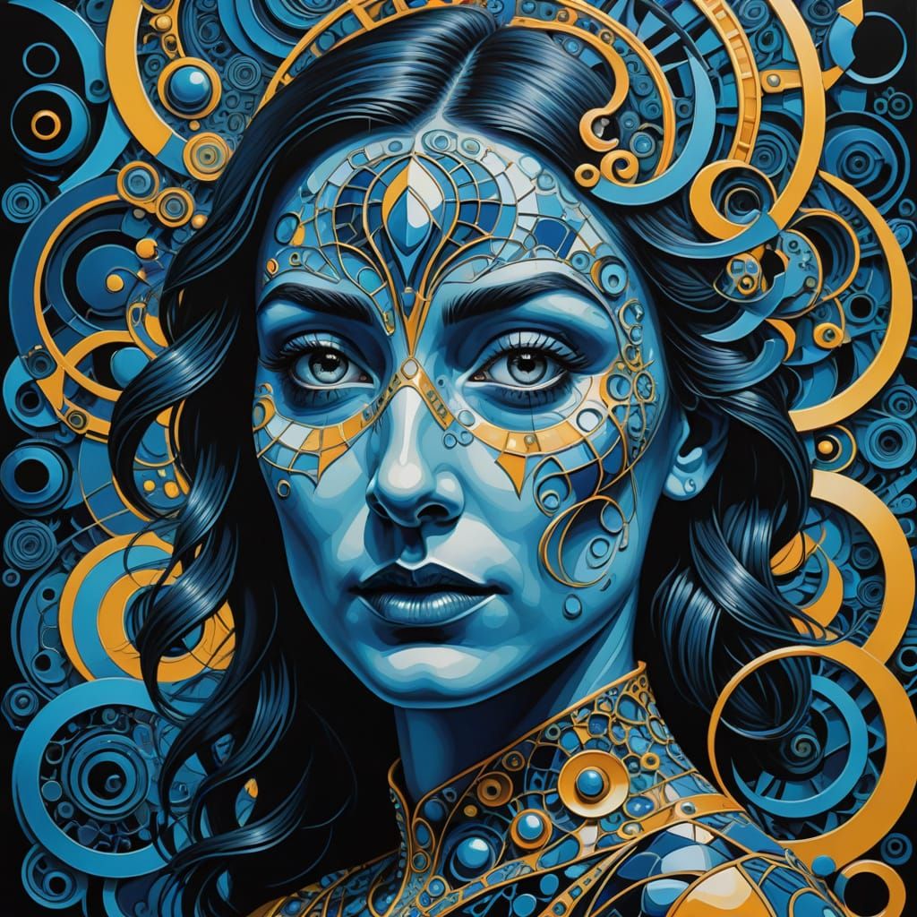 Surreal Quetru Goddess in Vibrant, Geometric Patterns
