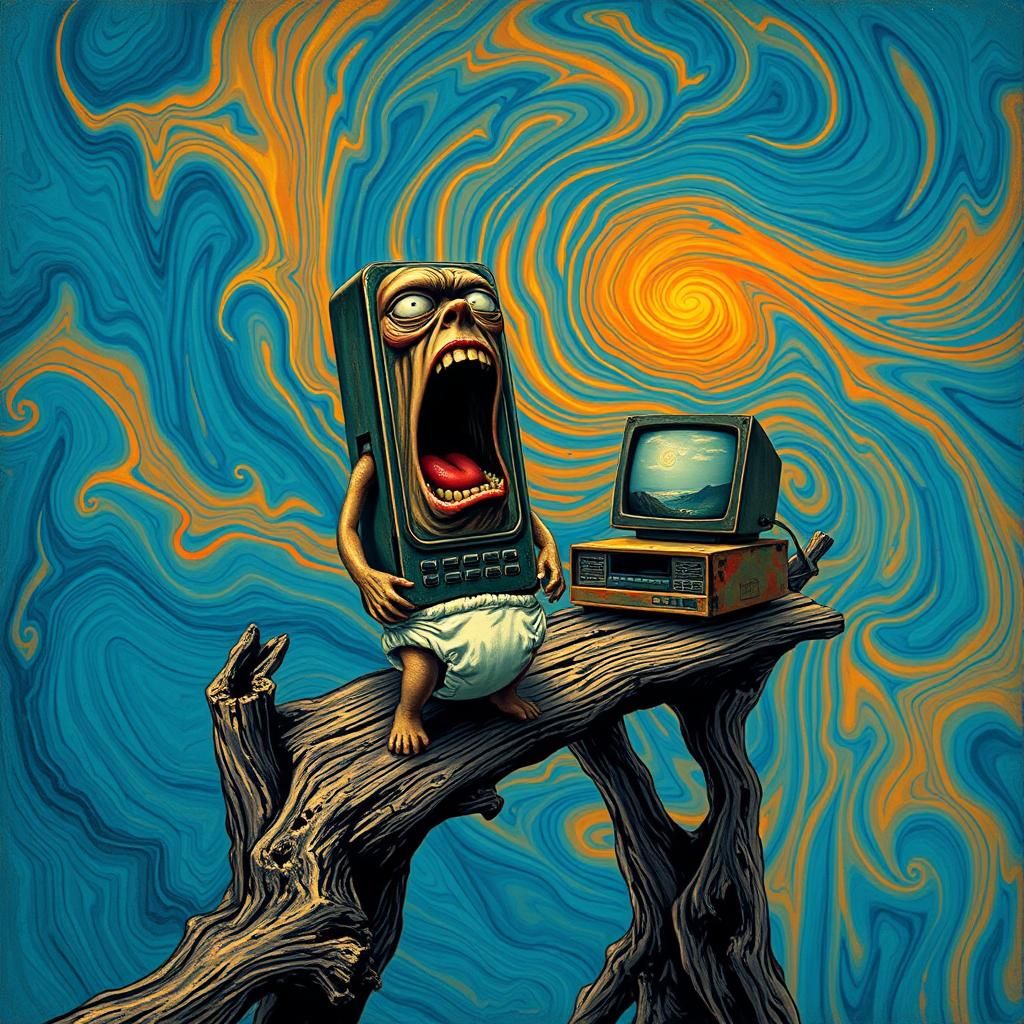 Anthropomorphic Phone Screaming on a Bridge, Surreal Art