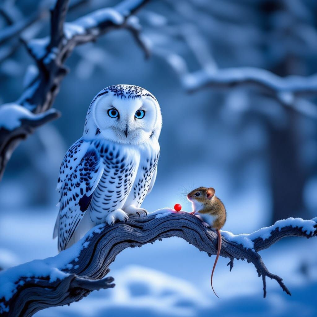 Majestic Snow Owl and Mouse in Moonlit Forest