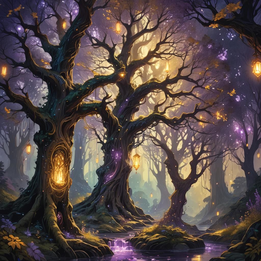 Ethereal Creatures Dancing in Enchanted Forest Clearing