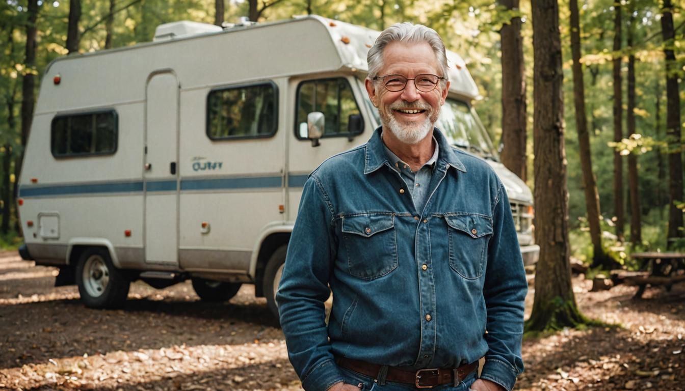 Smiling Man by Ford Camper in Forest: Portrait Photography