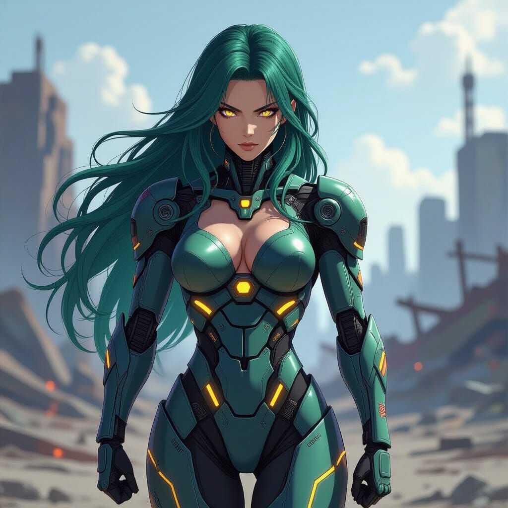 Cyborg Warrior in Anime Style, Green Hair, Yellow Eyes