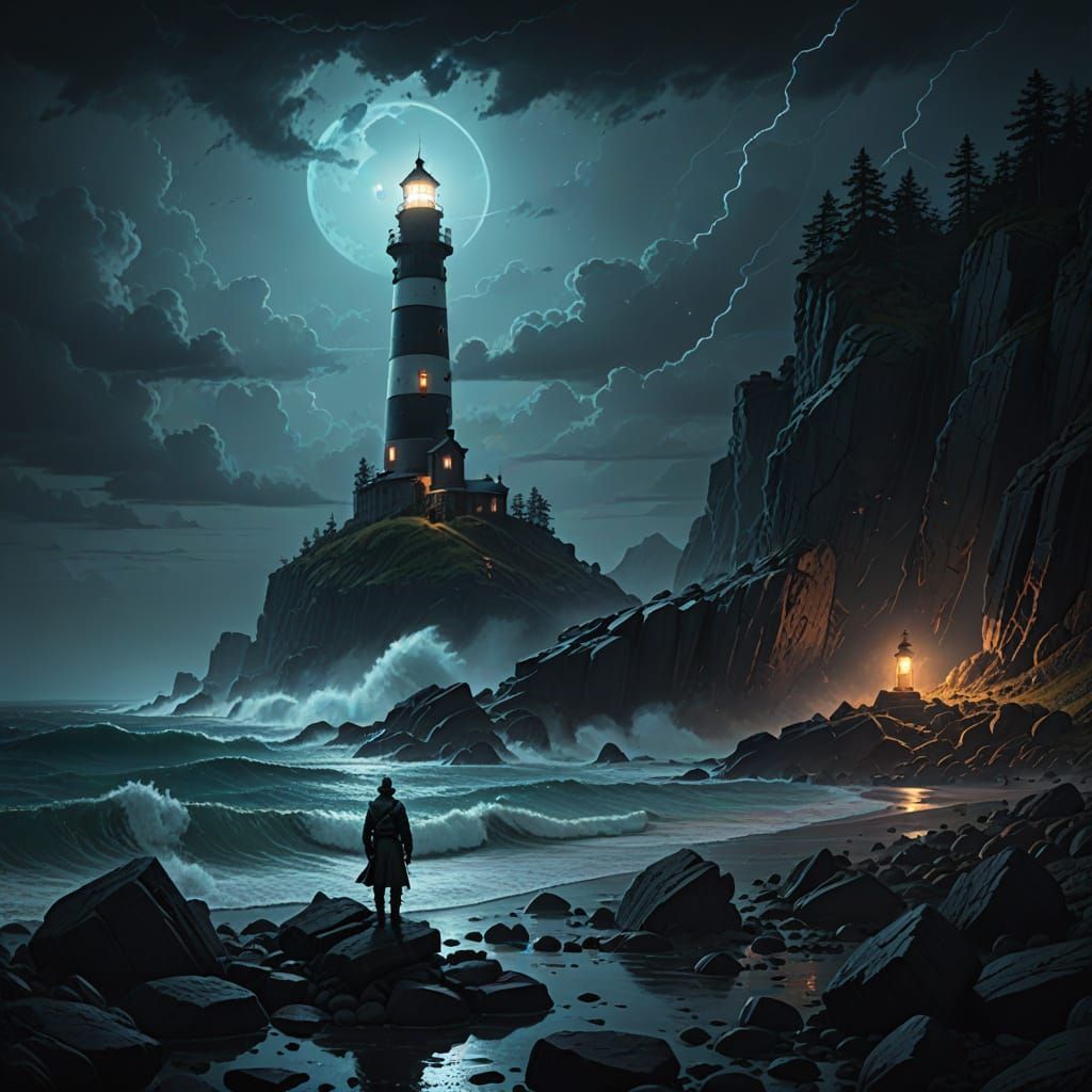 Fantasy Lighthouse Keeper in Stormy Bioluminescent Ocean