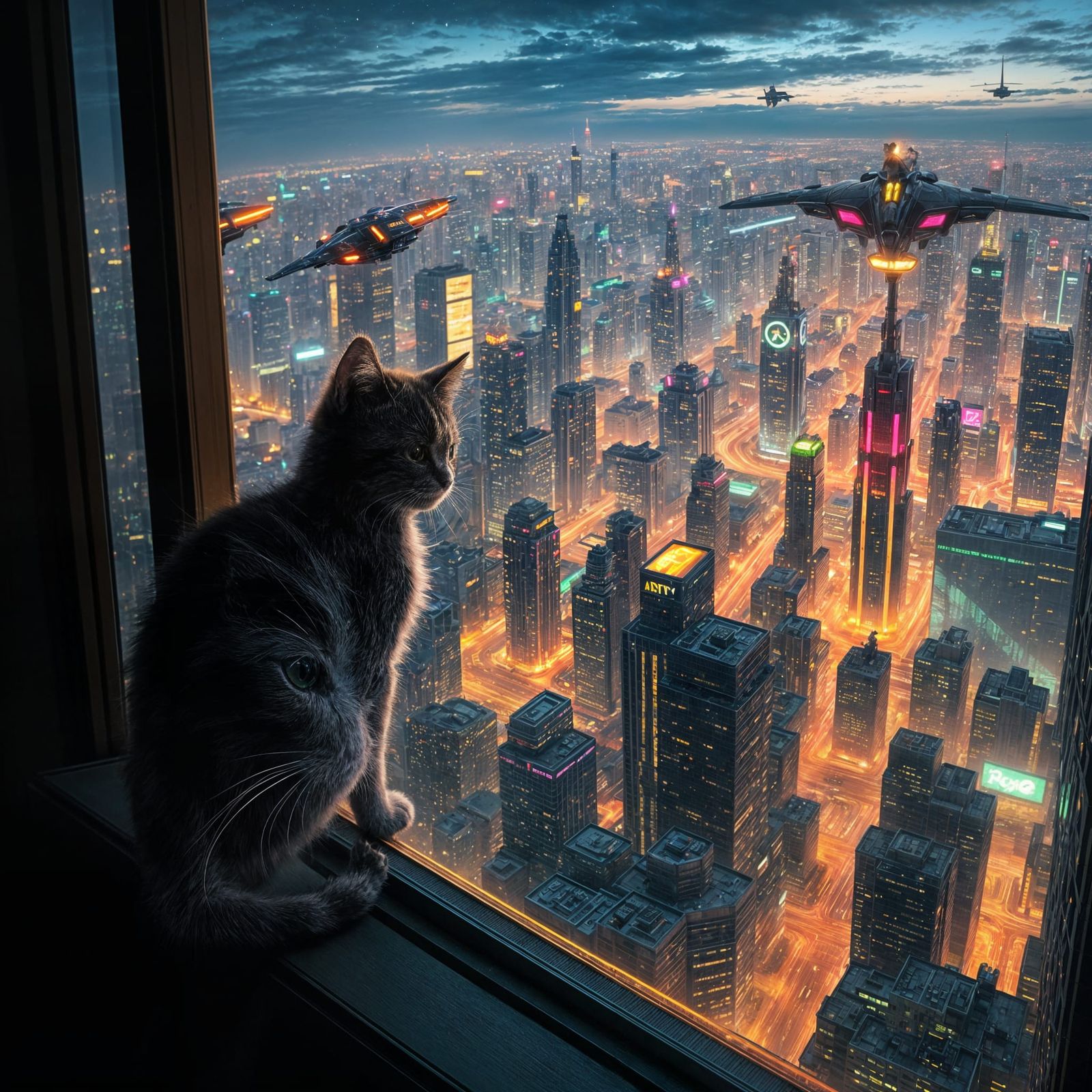 Kitten Gazes at Neon Futuristic Cityscape at Night