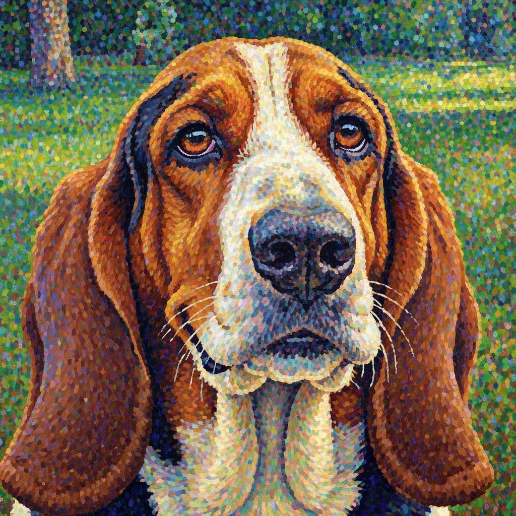 Pointillist Basset Hound Portrait in Vibrant Colors