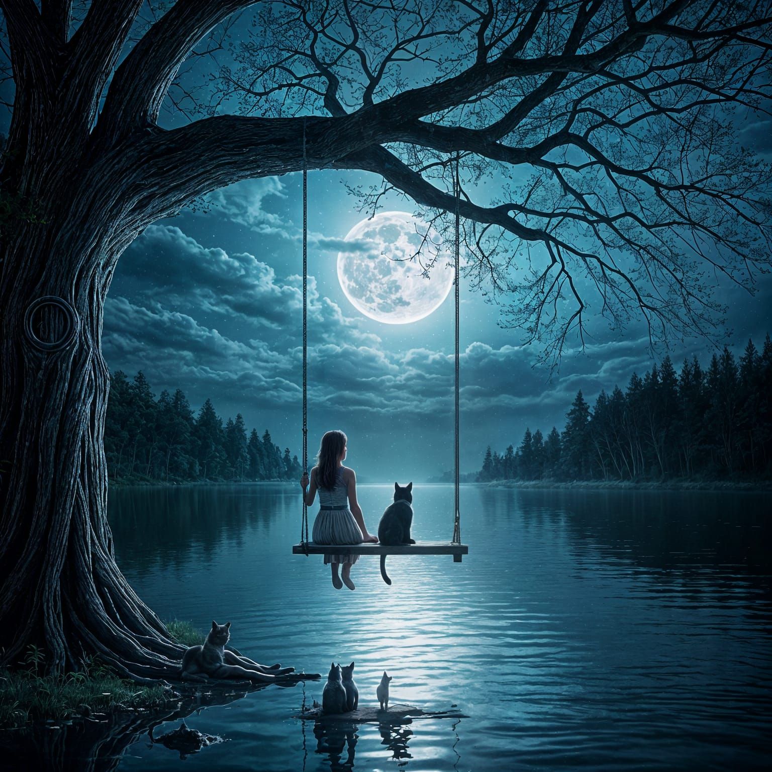 Girl and Cat on a Swing at Moonrise