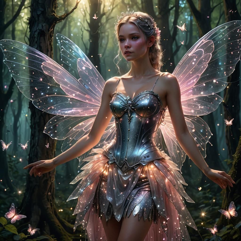 Fairy with Silver Wings in Forest, Fantasy Art