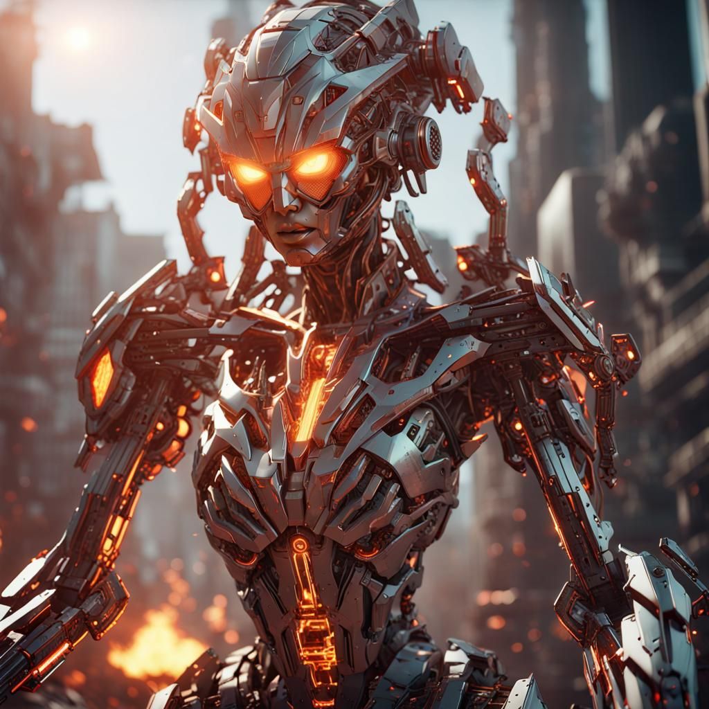 Fiery Futuristic Robot Woman in Sci-Fi Style