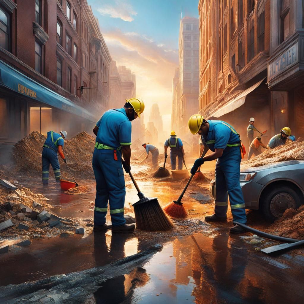 Hyperrealistic City Cleanup Aftermath in Splash Art Style