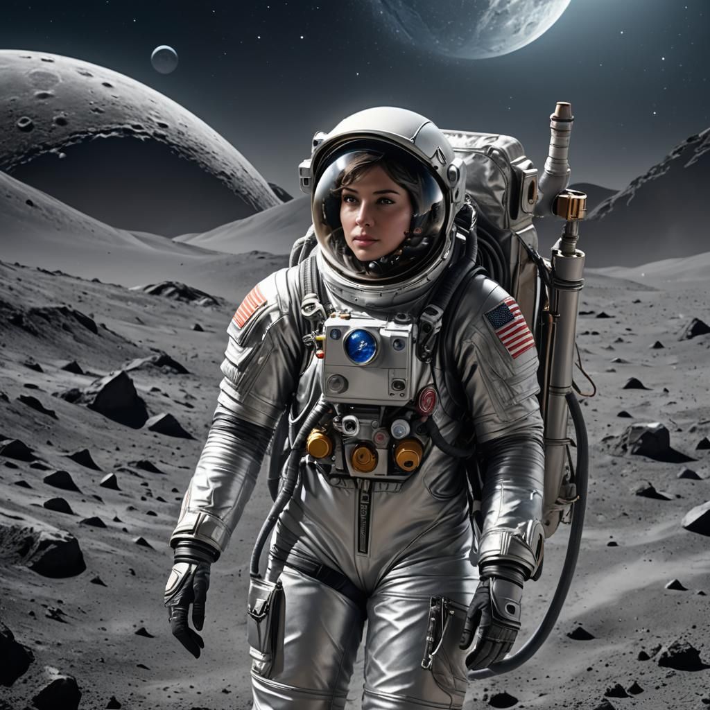005 A beautiful female astronaut wearing a silver spacesuit on the moon.