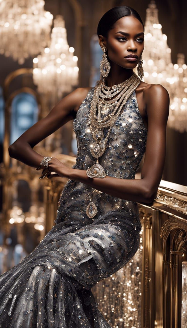 Glamorous Black Supermodel in Mirror Mermaid Gown with Diamo...